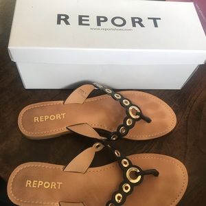 Report black sandals with gold accent